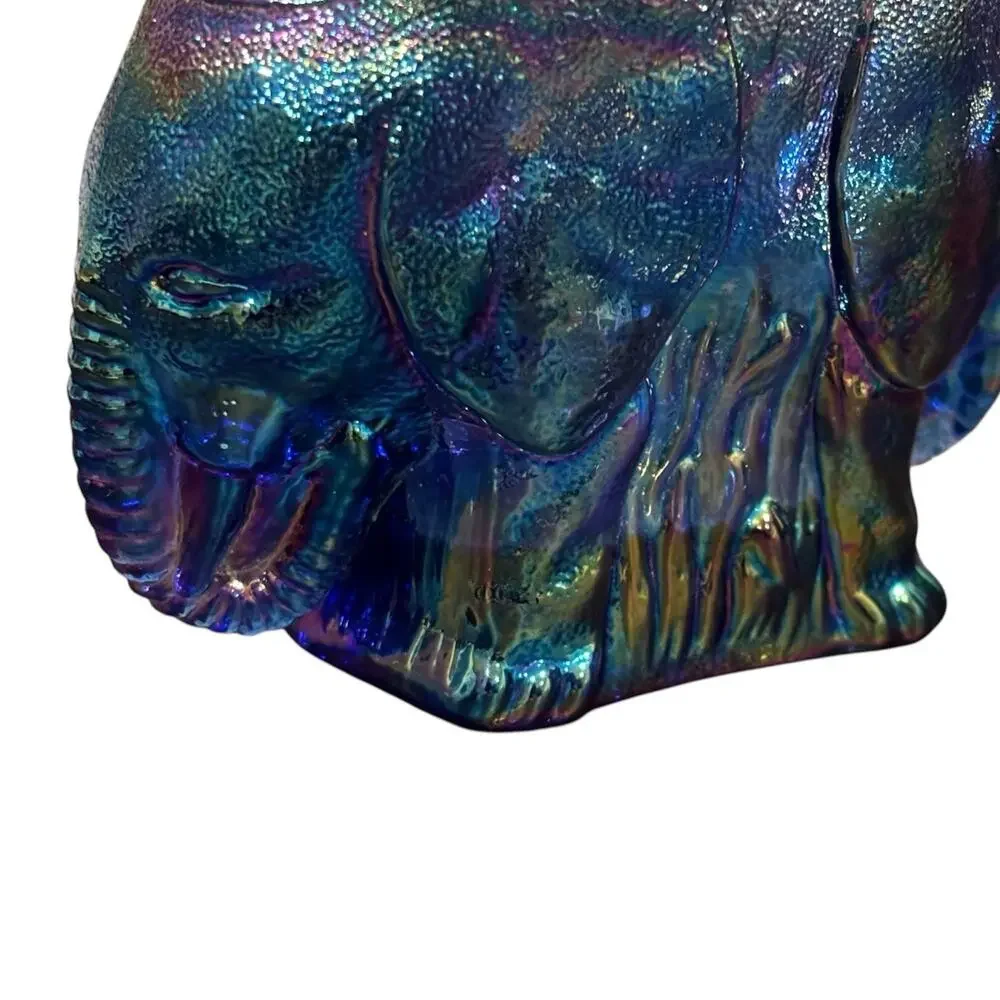 Summit Art Glass Elephant Toothpick Holder Blue Carnival Iridescent Stickered